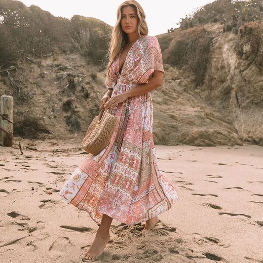 FashionSierra-Floral Printed Cover-Ups Women Casual Deep V Neck Elastic Waist Short Sleeve Summer Long Beach Boho Dress