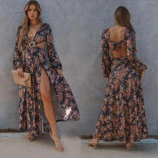 FashionSierra-Long Sleeve Loose Women Vintage Floral Print Summer 2025 Beach Wear High Waist Backless Vestidos Boho Dress