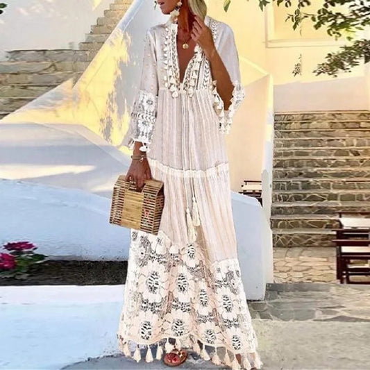 FashionSierra-Long Sleeve Tassel Women Vintage Floral Embroidery Beach Wear Summer 2025 Casual Lace Vestidos Boho Dress