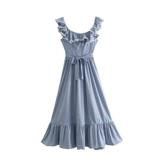 FashionSierra-Butterfly Sleeve Blue Plaid For Women Vintage Cotton Rayon Summer Long Party Ladies Vestidos 2025 Boho Dress