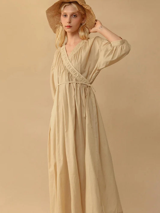 FashionSierra-Casual  100% Cotton Wrap  Vintage  Puff Sleeve  V-neck  Loose  Solid  Long  Summer Boho Dress