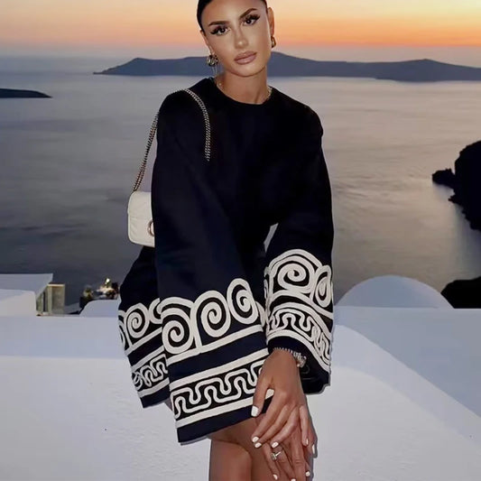 FashionSierra-Casual Ethnic Embroidery Loose Women Robe Vintage Flare Long Sleeve Oversize Autumn Beach Vestidos Boho Dress