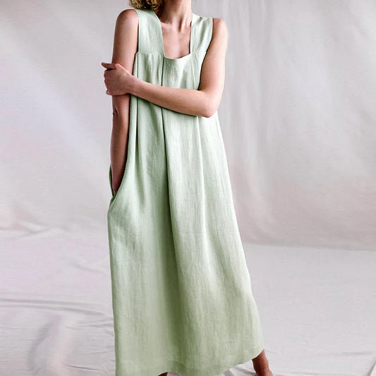 FashionSierra-Casual  Linen Cotton  Vintage  Oversize  Loose  Solid  Sleeveless  Long  Summer Boho Dress