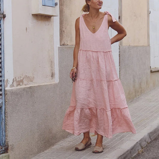 FashionSierra-Casual  Linen Cotton  Sleeveless  Vintage  V Neck  Oversize  Loose  Long  Summer Boho Dress