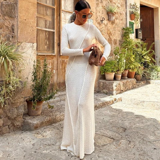 FashionSierra-Casual O-neck Long Sleeve Knitted Maxi Women Robe Sexy Backless Long Sleeve Autumn Beach Vestidos Boho Dress