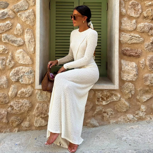 FashionSierra-Casual O-neck Long Sleeve Knitted Maxi Women Robe Sexy Backless Long Sleeve Autumn Beach Vestidos Boho Dress