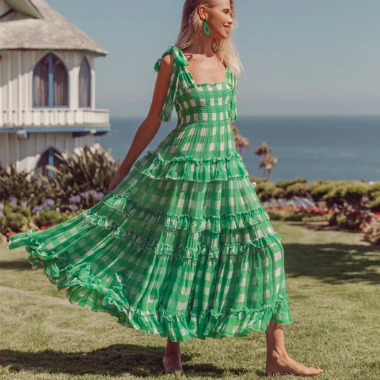 FashionSierra-Casual Square Collar Plaid for Women Vintage High Waist Ruffles Summer 2025 Sleeveless Long Vestidos Boho Dress