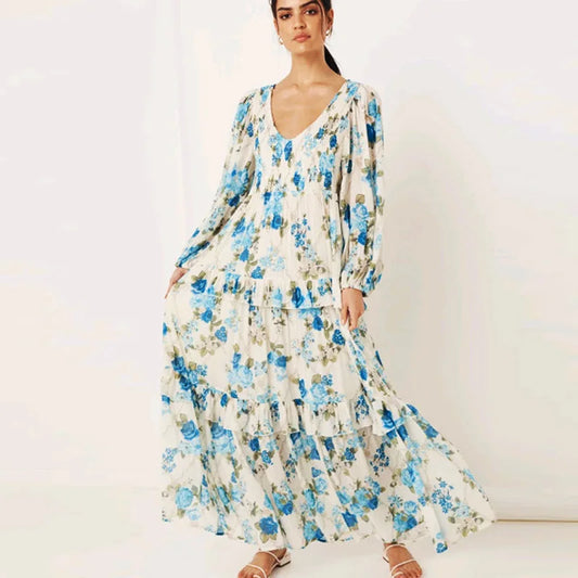 FashionSierra-Cotton  Rayon  Floral Print  Maxi  Vintage  Shirred Chest  Ruffles  Long Sleeve  Autumn Boho Dress