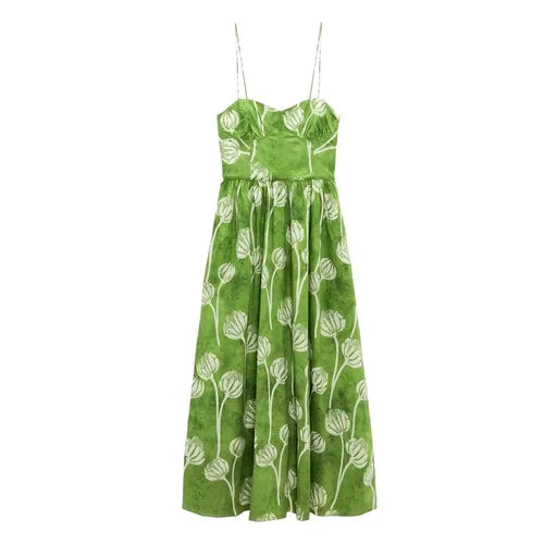 FashionSierra-Elegant Floral Print Women Casual High Waist Sling Autumn 2025 Beach Wear Big Hem Oversize Boho Dress