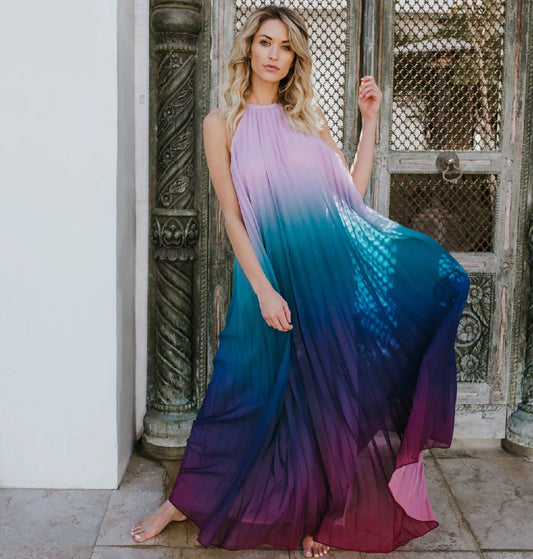 FashionSierra-Elegant Party Chiffon Rainbow Floral Print Maxi Women Sexy Backless Halter Long Summer Beach Robe Boho Dress