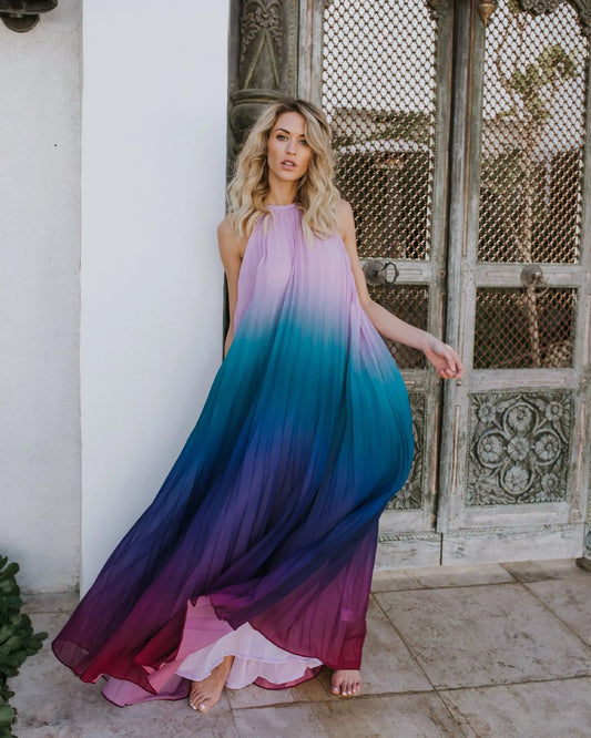 FashionSierra-Elegant Party Chiffon Rainbow Floral Print Maxi Women Sexy Backless Halter Long Summer Beach Robe Boho Dress
