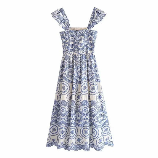 FashionSierra-Hollow Floral Embroidery Sleeveless Strap Long For Women Vintage 2025 Summer Vestidos Party Ladies Boho Dress