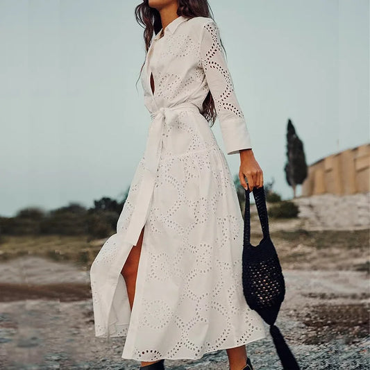 FashionSierra-Hollow Out Cotton Floral Embroidery Lace Casual Long Spring Autumn Party Boho Dress