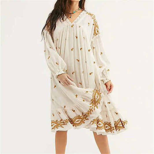 FashionSierra-Lantern Long Sleeve  Loose  Vintage  Cotton Rayon  Embroidery  V Neck  Autumn  A-Line  Robe Boho Dress