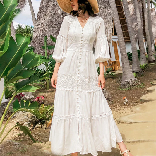 FashionSierra-Lantern Sleeve Cotton Splice Lace Long Vintage White V-neck Autumn Holiday Boho Dress