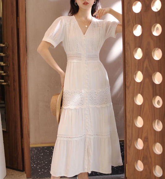 FashionSierra-Lantern Sleeve Cotton Splice Lace Long Vintage White V-neck Autumn Holiday Boho Dress