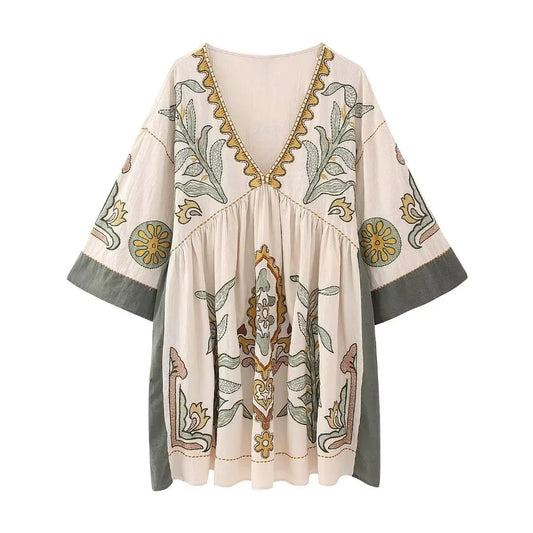 FashionSierra-Linen Cotton Floral Embroidery Vintage O Neck Loose A-line Short Summer Beach Boho Dress