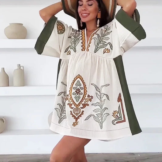 FashionSierra-Linen Cotton Floral Embroidery Vintage O Neck Loose A-line Short Summer Beach Boho Dress