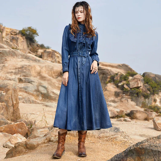 FashionSierra-Long Sleeve Denim Casual Ruffles O-neck Floral Embroidery Maxi Vintage Summer Boho Dress