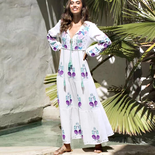 FashionSierra-Long Sleeve Ethnic Tunic Maxi Vintage White Cotton Floral Embroidery Loose Autumn Boho Dress