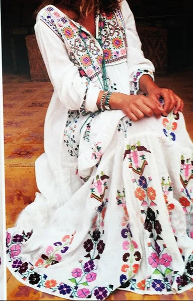 FashionSierra-Long Sleeve Ethnic Tunic Maxi Vintage White Cotton Floral Embroidery Loose Autumn Boho Dress