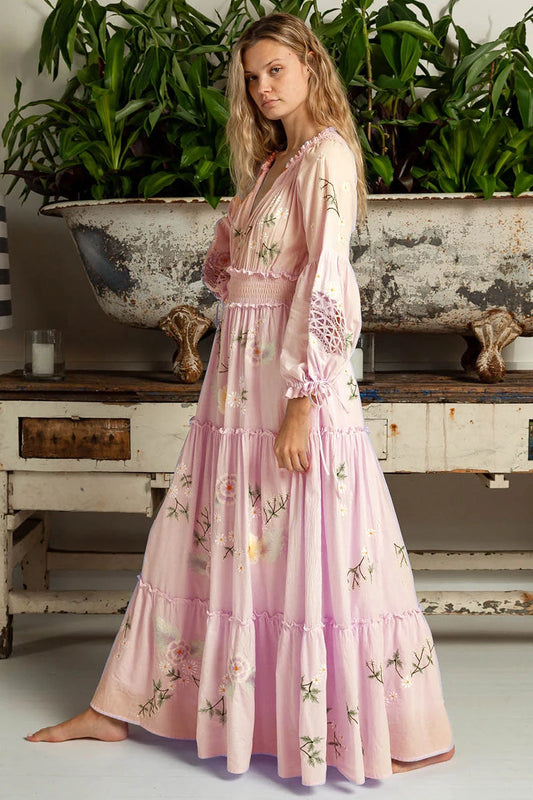 FashionSierra-Pink Embroidery Floral Women Casual Long Sleeve 2025 Vintage Loose High Waist Robe Boho Dress