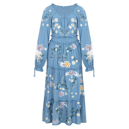 FashionSierra-Pink Embroidery Floral Women Casual Long Sleeve 2025 Vintage Loose High Waist Robe Boho Dress
