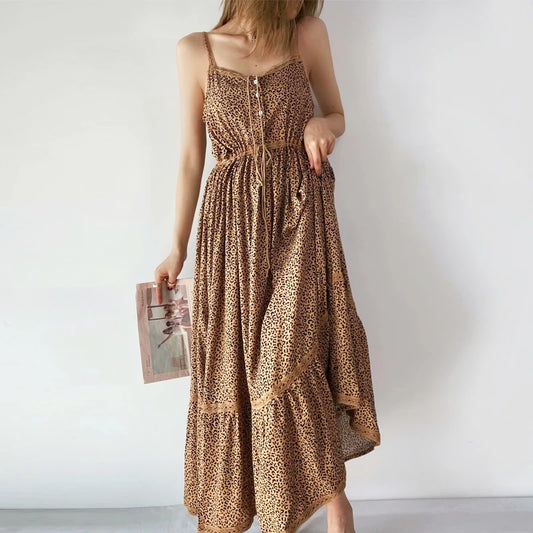 FashionSierra-Rayon  Leopard Print  Long Strap  Vintage  Sleeveless  Drawstring Waist  Summer  Beach Boho Dress