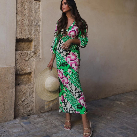FashionSierra-Sexy Deep V Neck Backless Maxi Women Beach Cotton Linen Print Long Sleeve Autumn Party Vestidos Boho Dress