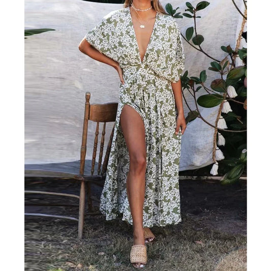 FashionSierra-Sexy Deep V Neck Maxi Women Vestidos 2025 Vintage Floral Print Side Split Summer Beach Casual Boho Dress