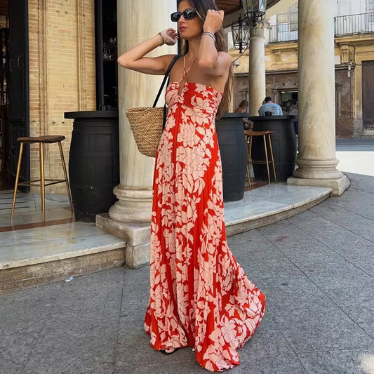FashionSierra-Sexy Off Shoulder Backless Strap Vintage Ethnic Chiffon Floral Print Beach Wear Boho Dress
