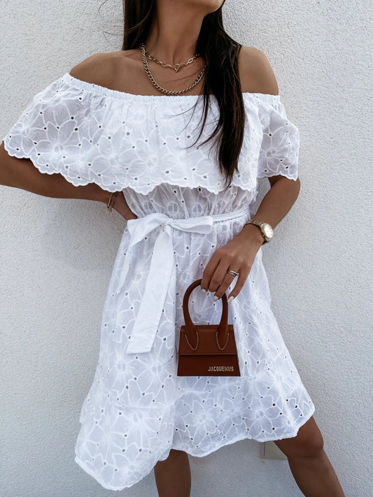 FashionSierra-Sexy Off Shoulder Mini White Floral Embroidery Lace Casual Short Beach Wear Party Boho Dress
