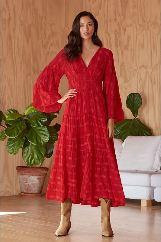 FashionSierra-Vintage Deep V Neck Flare Long Sleeve Casual Floral Embroidery Cotton Autumn Boho Dress