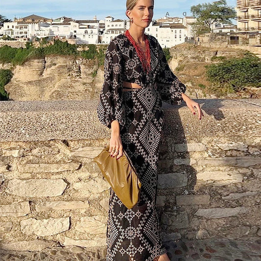 FashionSierra-Vintage Ethnic Embroidery Women Party Sexy Deep V-neck Backless Long Sleeve Beach Summer Vestidos Boho Dress