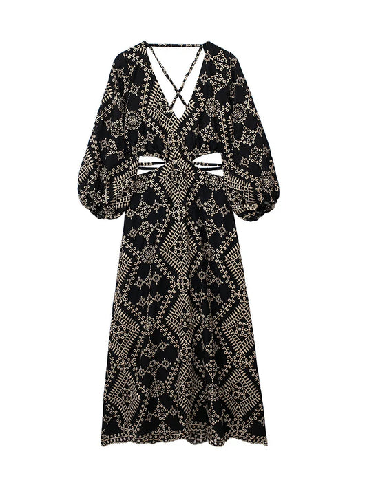 FashionSierra-Vintage Ethnic Embroidery Women Party Sexy Deep V-neck Backless Long Sleeve Beach Summer Vestidos Boho Dress