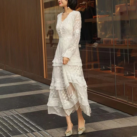 FashionSierra-Vintage Long Sleeve Party Casual Deep V Floral Embroidery Summer Lace Boho Dress