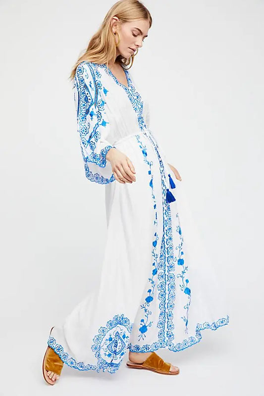 FashionSierra-Hollow Floral Embroidery Long Sleeve Strap Maxi White Vintage V Neck Beach Ladies Boho Dress