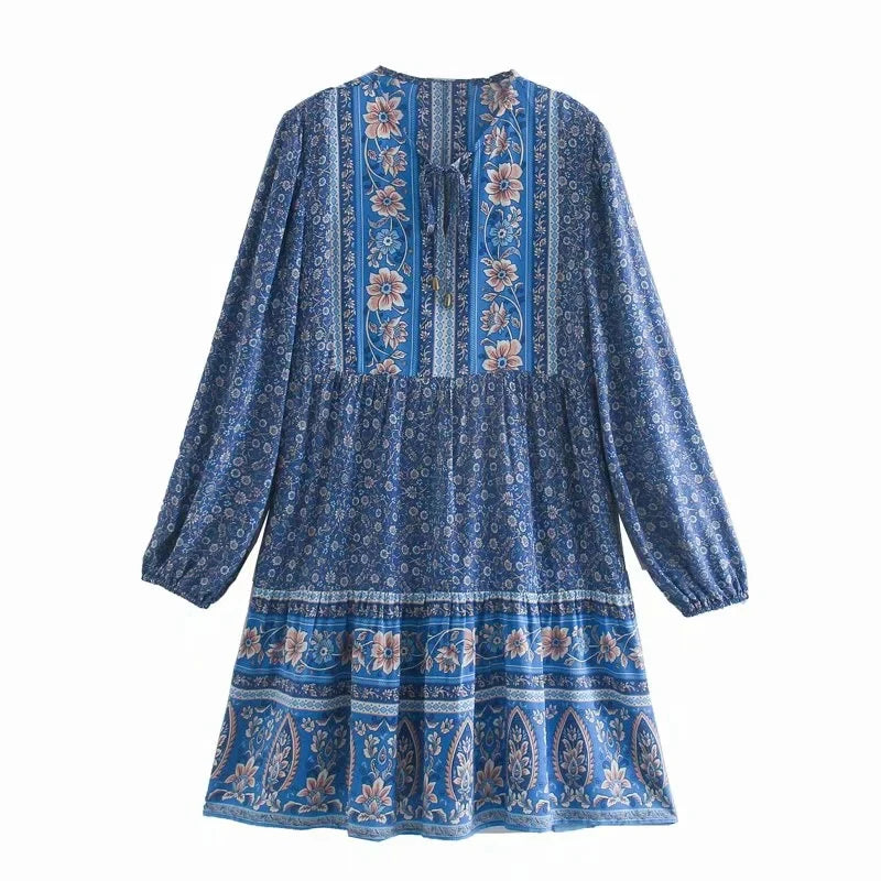 FashionSierra-Blue Cotton  Floral Print  Tunic  Mini  Women  Long Sleeve  Robe  Autumn  Short  Femme  Vintage  Loose  Vestidos Boho Dress
