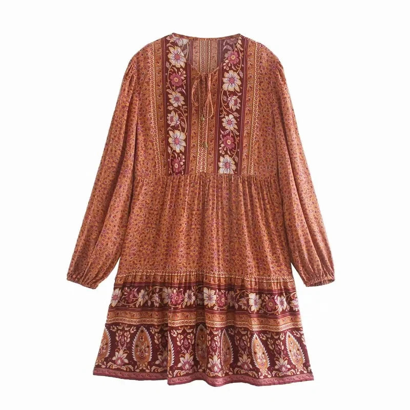 FashionSierra-Lantern Long Sleeve  Mini  Women  Floral Print  Tunic  Robe  Autumn  Short  Vintage  V-neck  Loose  Vestidos Boho Dress