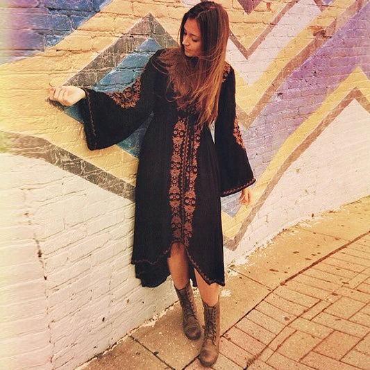FashionSierra-Long Sleeve Women Tunic Vintage Floral Embroidered Cotton Long Casual Hippie Asymmetric Robe Boho Dress