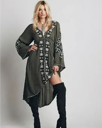FashionSierra-Long Sleeve Women Tunic Vintage Floral Embroidered Cotton Long Casual Hippie Asymmetric Robe Boho Dress