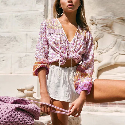 FashionSierra-Oversize Loose Long Sleeve Casual Cotton Pink Floral Print Summer Vintage Boho Dress