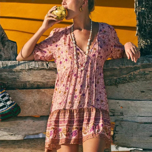 FashionSierra-Pink Floral Print Robe A-line Mini Women 2025 Beach V Neck Short Summer Vintage Loose Casual Boho Dress