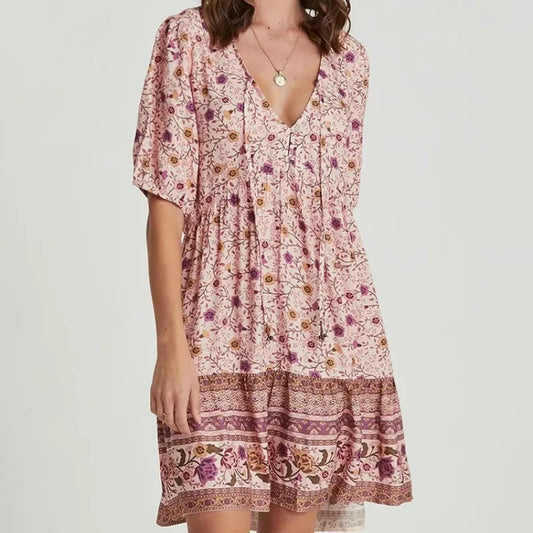 FashionSierra-Pink Floral Print Robe A-line Mini Women 2025 Beach V Neck Short Summer Vintage Loose Casual Boho Dress