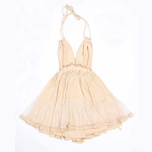 FashionSierra-Sexy Deep V Neck Sleeveless Backless Mini Women Summer Beach Lace Vestidos 2025 Boho Dress