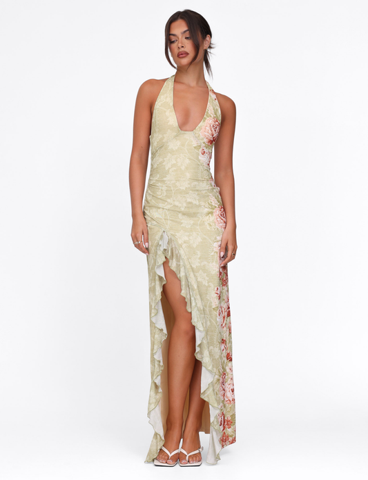 SIRENA MAXI DRESS - YELLOW : FLORAL : ROSE STRIPE