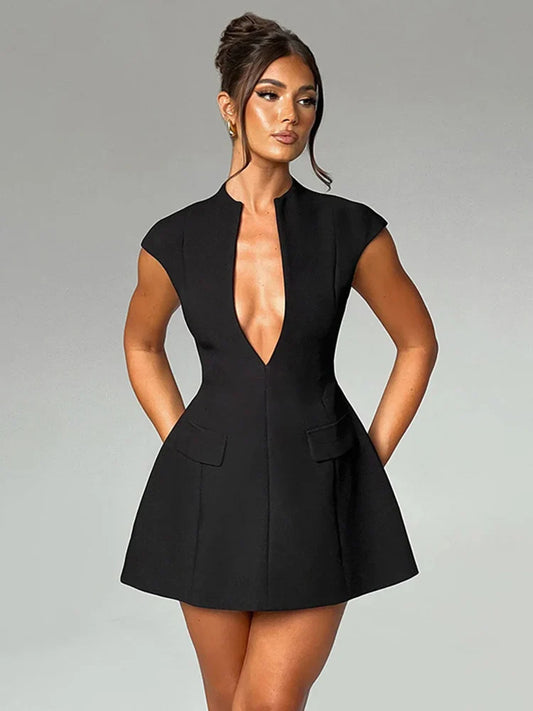 FashionSierra - Fit Short Deep Neck Color Lady Birthday Party Dresses 2025 Casual Dress