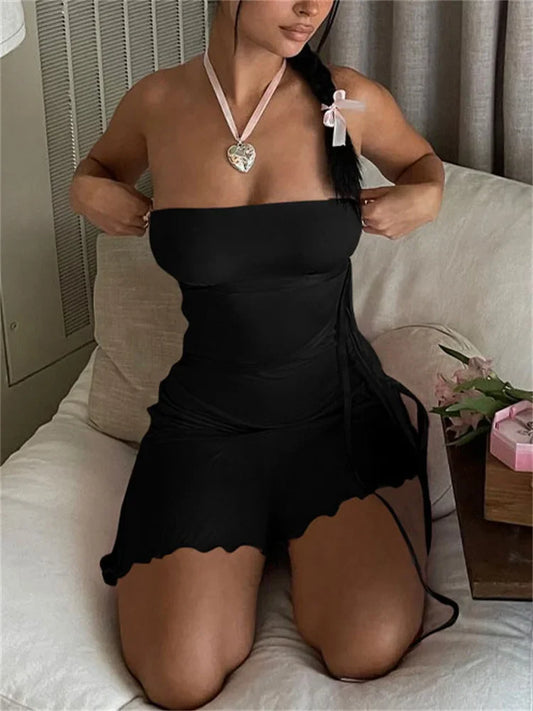 FashionSierra - Women Backless Bodycon Party Pink Ruffle Pleated Short Drawstring 2025 Casual Dress