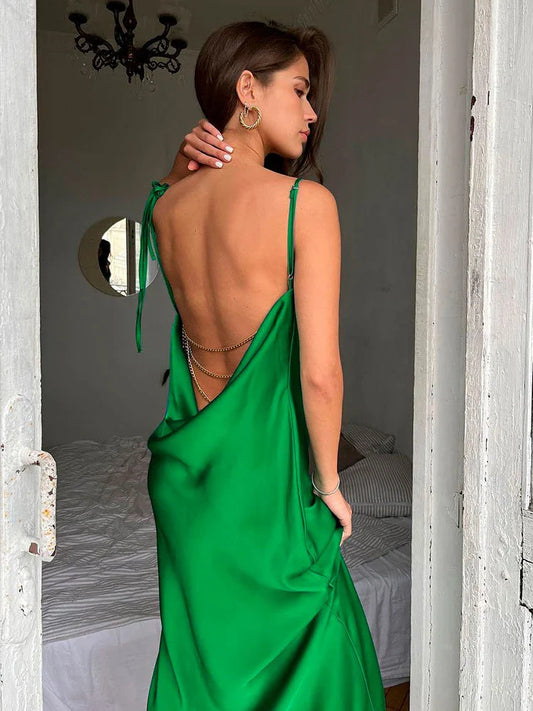 FashionSierra - Women���s High Silt Spaghetti Strap Chain Long V Neck Sleeveless Lace Up Backless Loose Evening Club Party Casual Dress