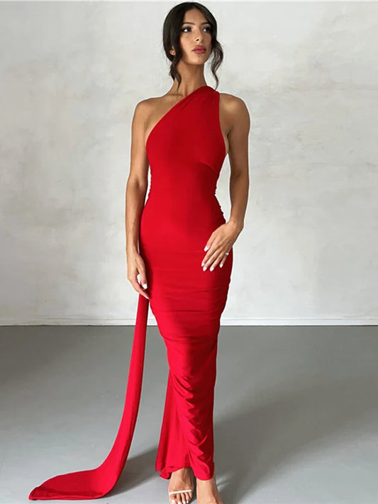 Long One Shoulder Slim Bodycon Backless Nightclub Sexy Summer Maxi Dress